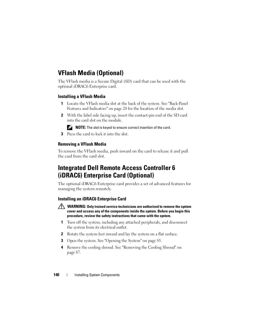 Dell T710 VFlash Media Optional, Installing a VFlash Media, Removing a VFlash Media, Installing an iDRAC6 Enterprise Card 