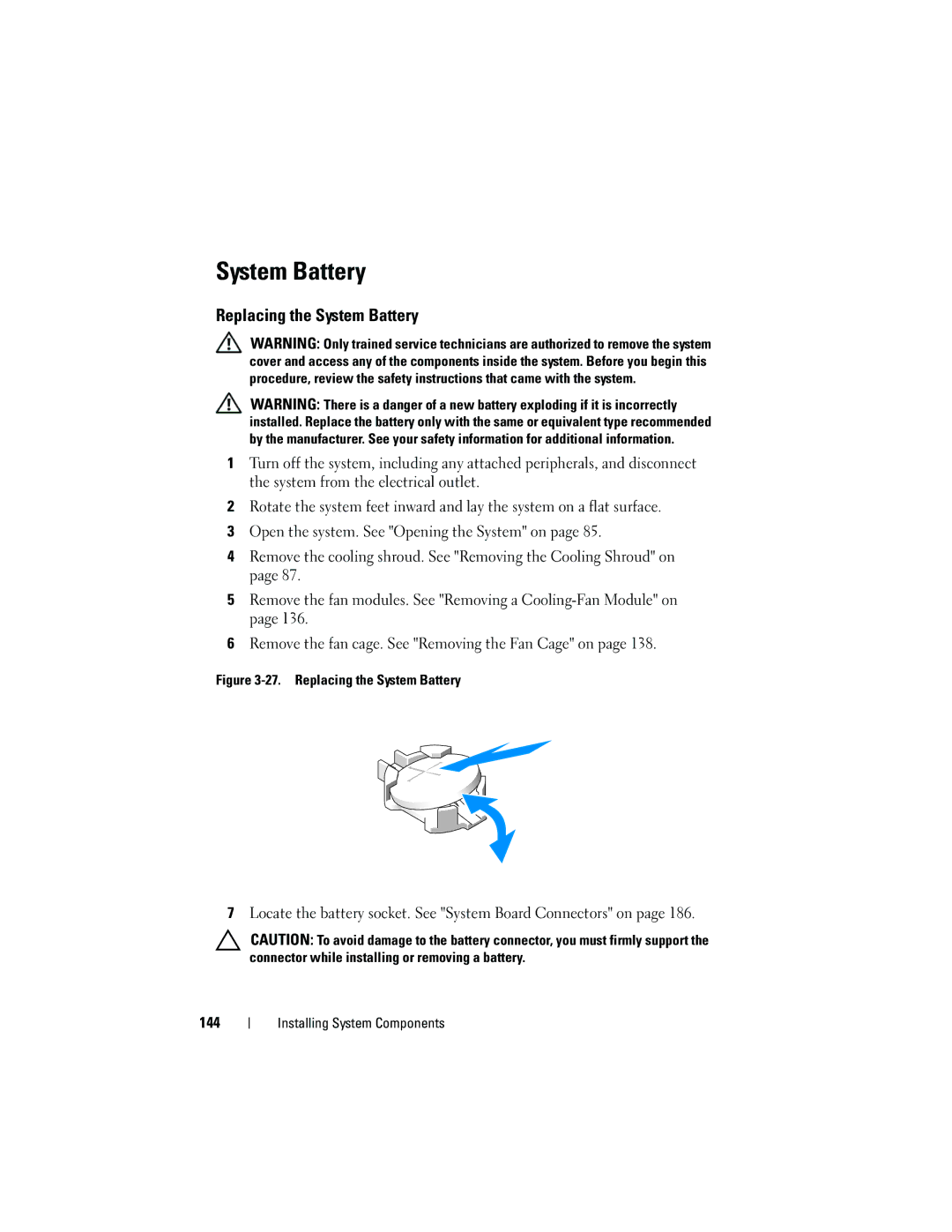 Dell T710 owner manual Replacing the System Battery 