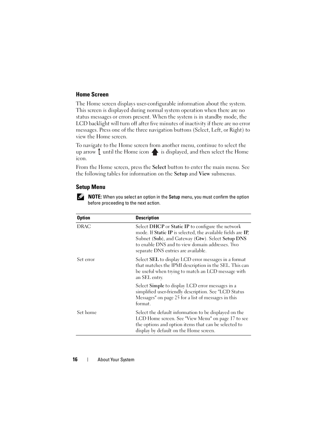 Dell T710 owner manual Home Screen, Setup Menu 