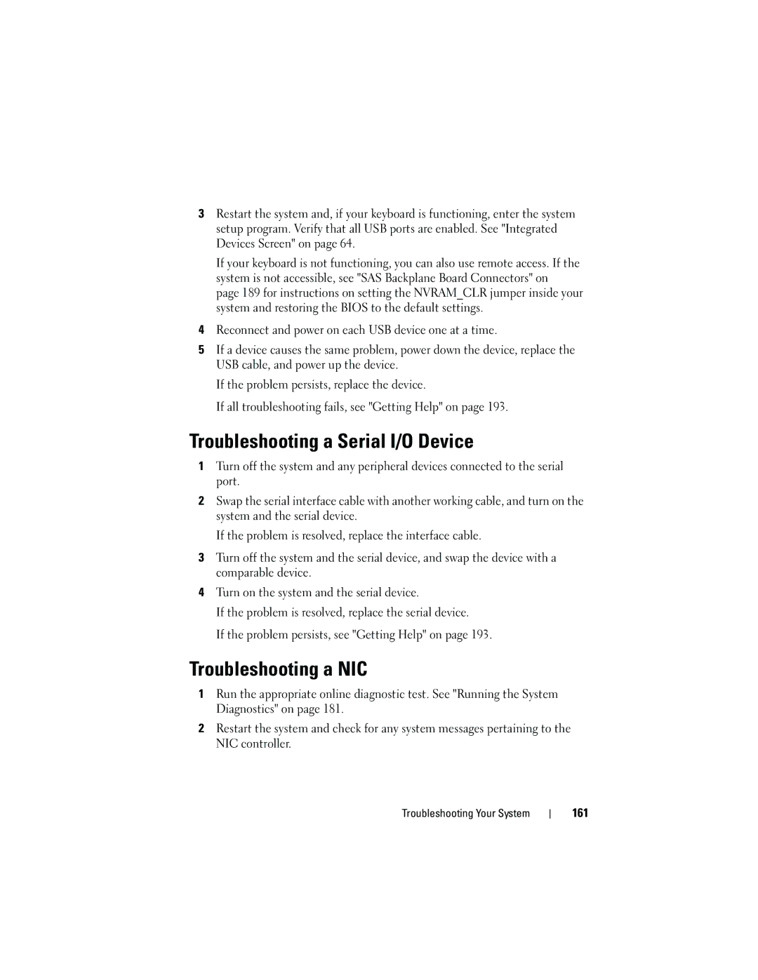 Dell T710 owner manual Troubleshooting a Serial I/O Device, Troubleshooting a NIC, 161 