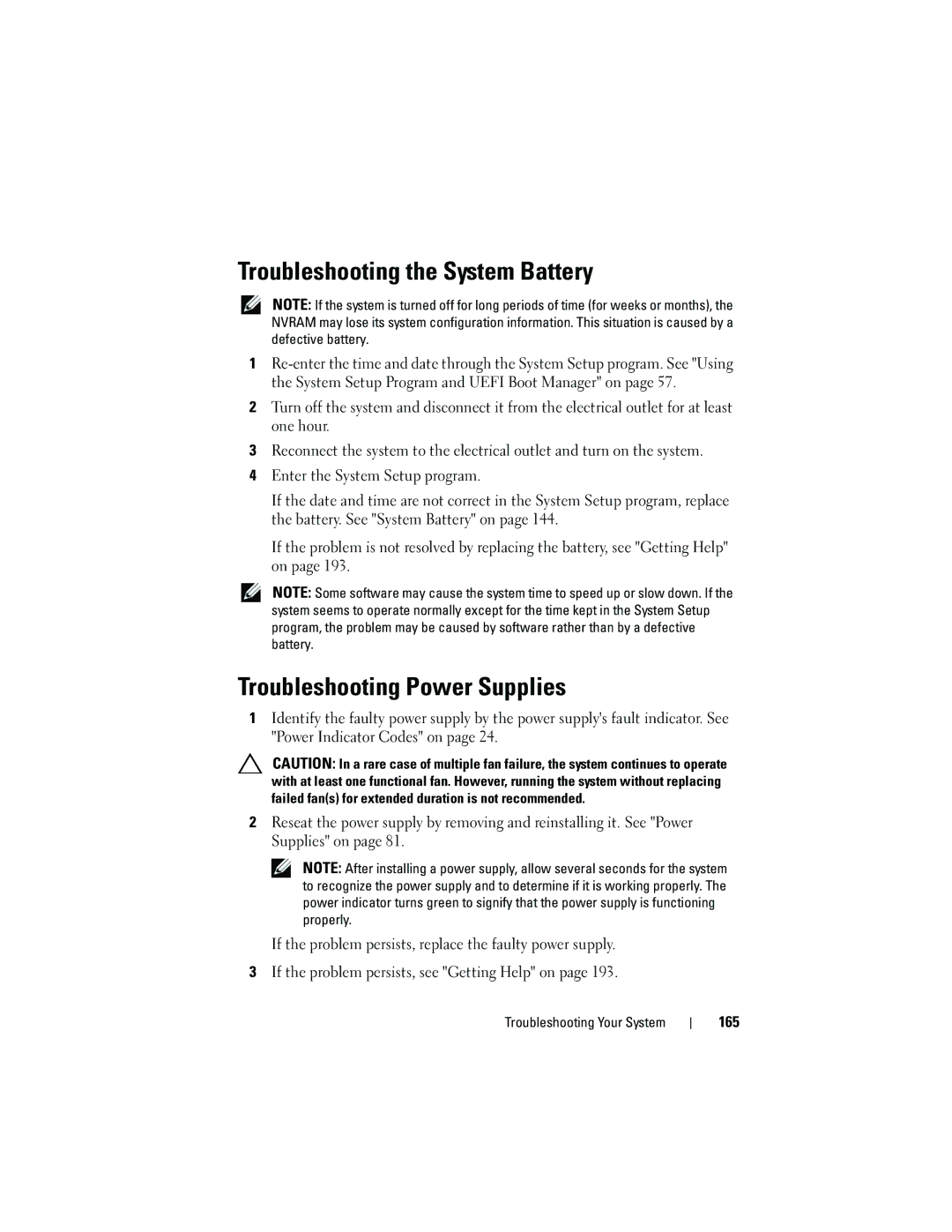 Dell T710 owner manual Troubleshooting the System Battery, Troubleshooting Power Supplies, 165 