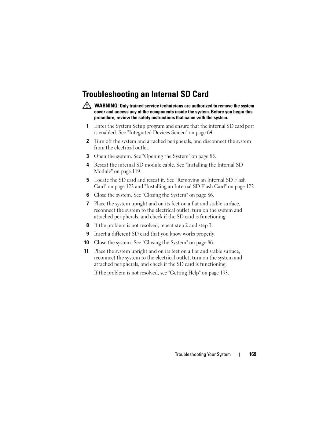 Dell T710 owner manual Troubleshooting an Internal SD Card, If the problem is not resolved, see Getting Help on, 169 