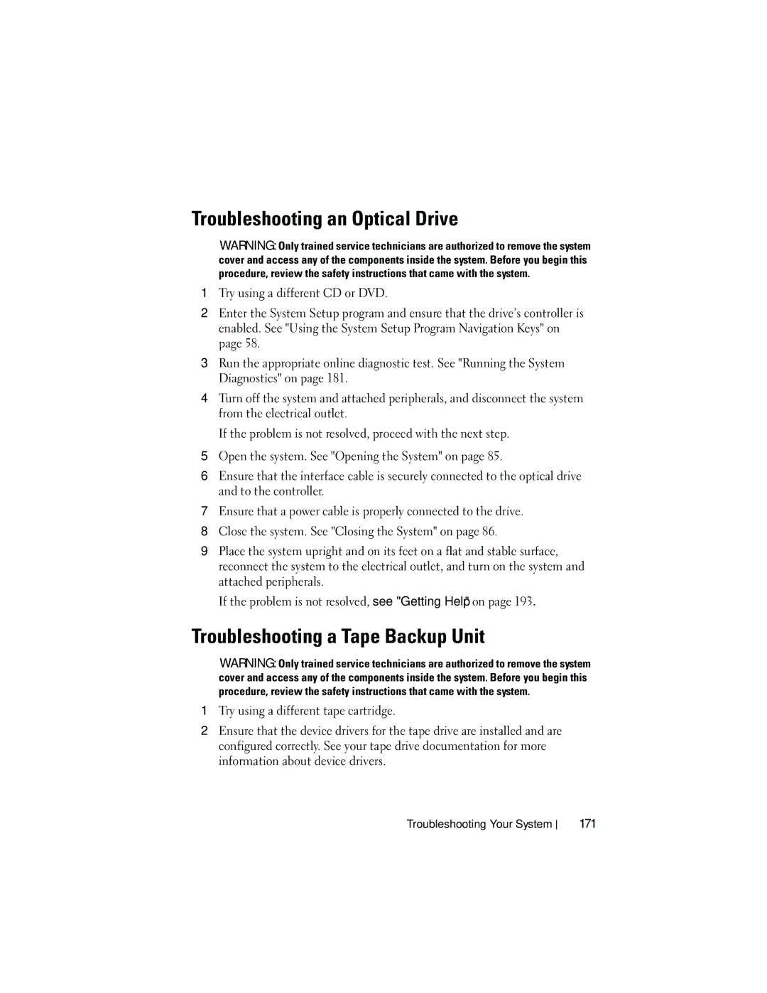 Dell T710 owner manual Troubleshooting an Optical Drive, Troubleshooting a Tape Backup Unit, 171 