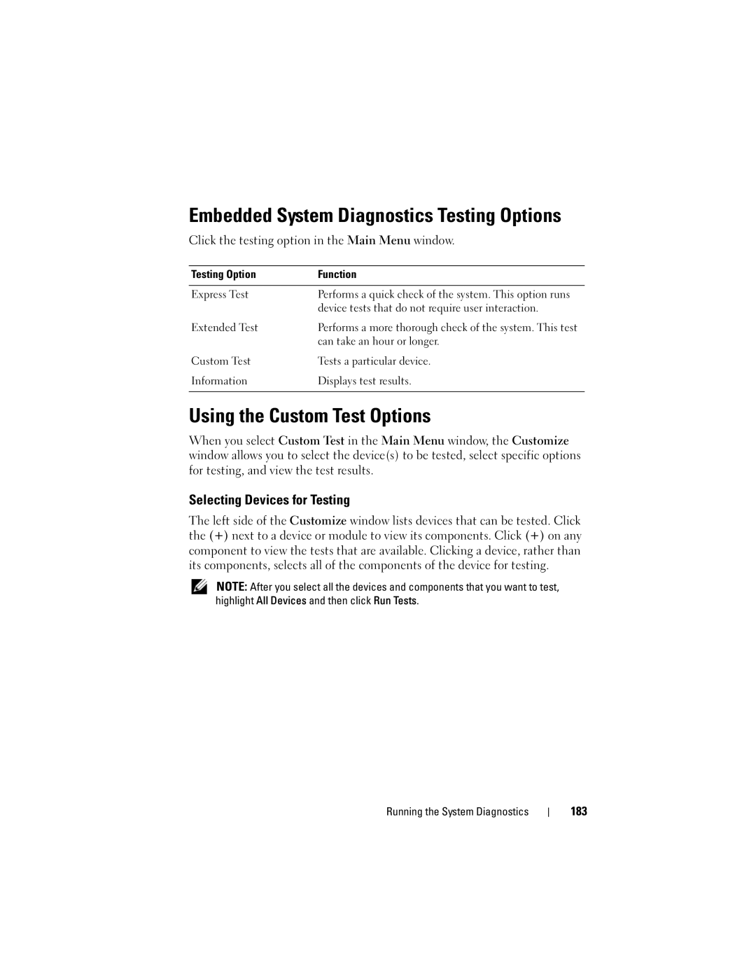 Dell T710 Embedded System Diagnostics Testing Options, Using the Custom Test Options, Selecting Devices for Testing, 183 