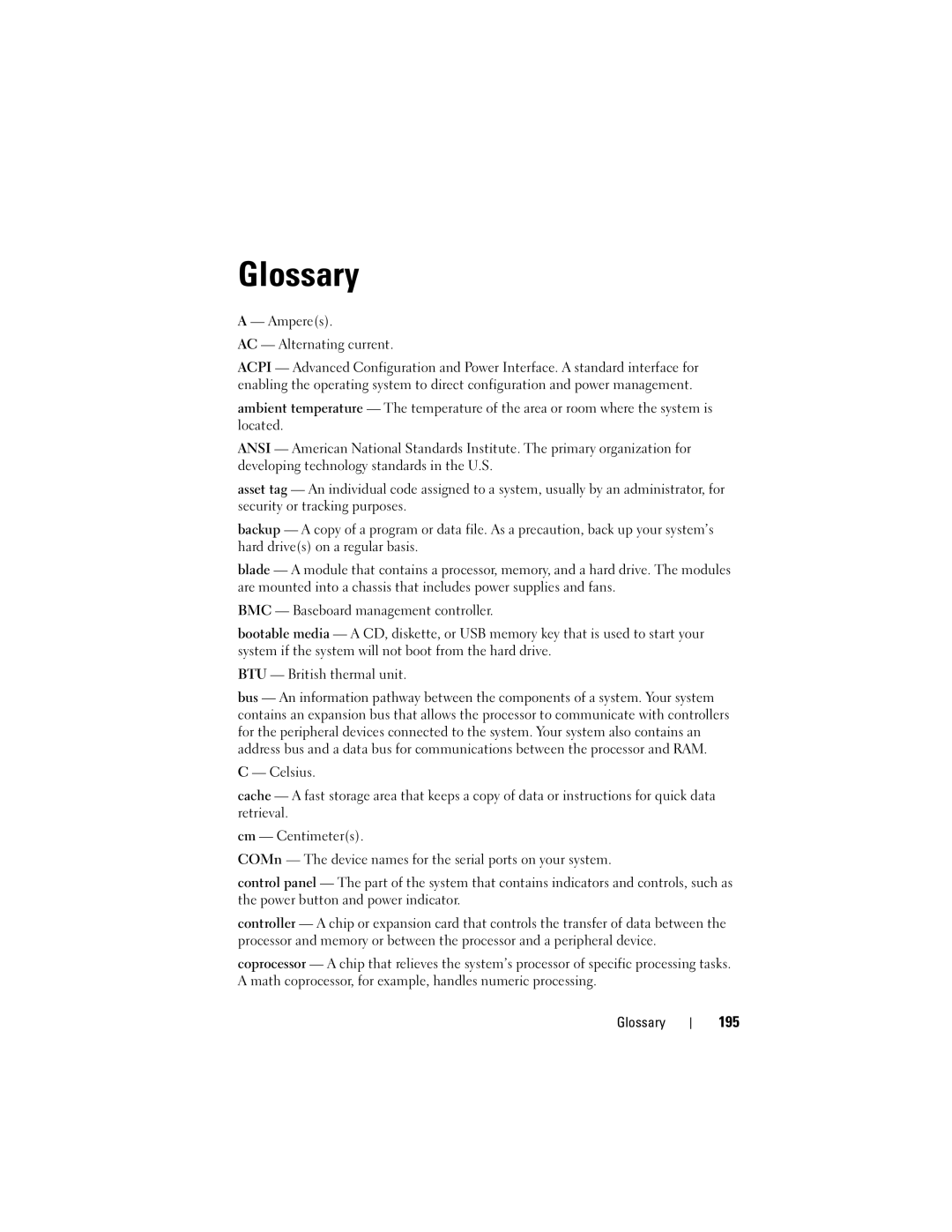 Dell T710 owner manual 195, Amperes AC Alternating current, Glossary 