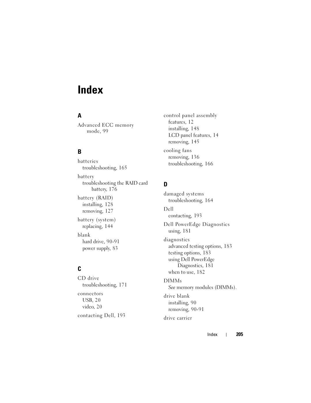 Dell T710 owner manual 205, Using Dell PowerEdge Diagnostics, Index 