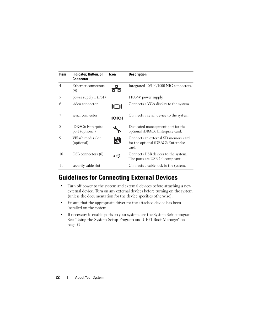 Dell T710 owner manual Guidelines for Connecting External Devices, Video connector, Serial connector 