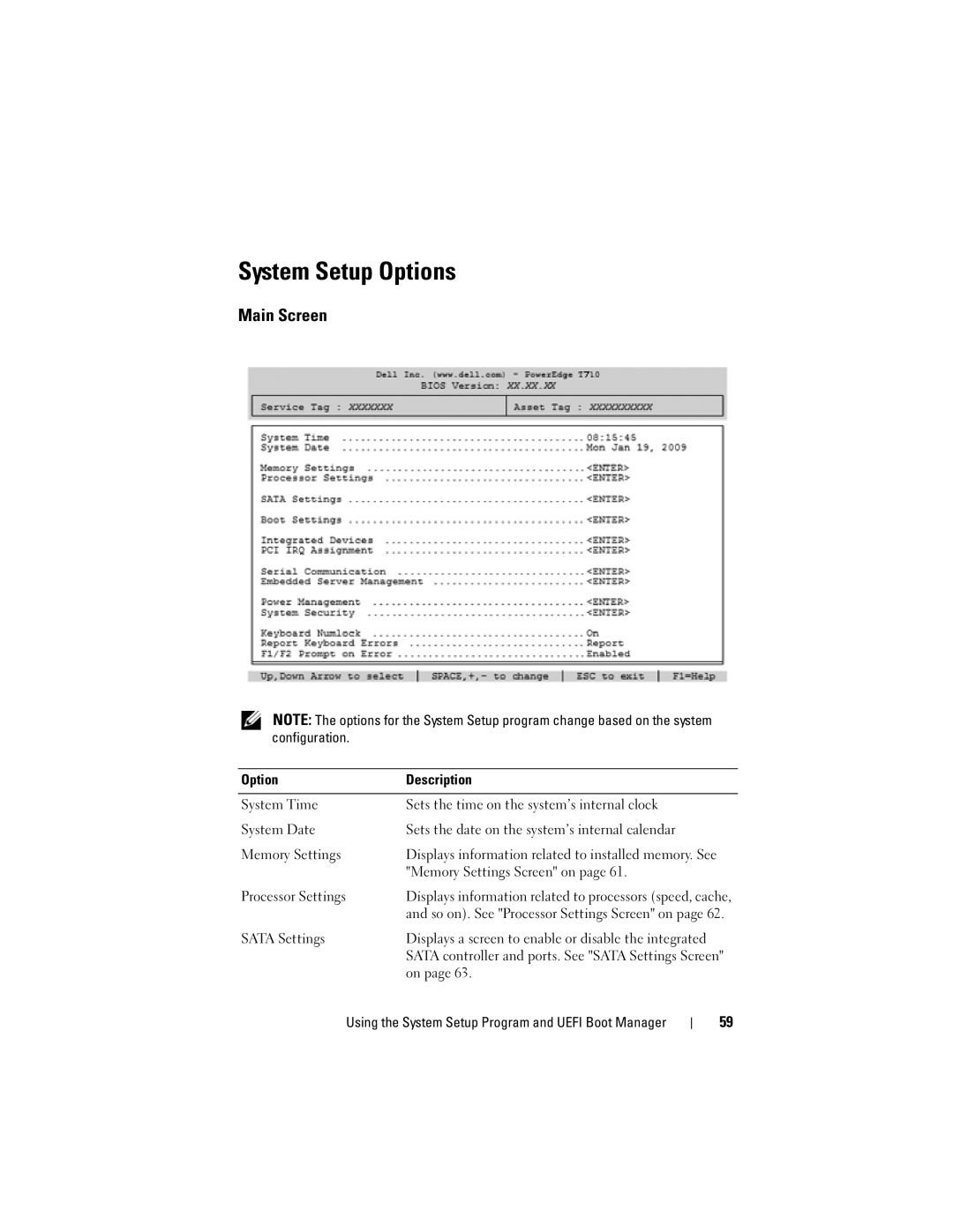 Dell T710 owner manual System Setup Options, Main Screen, Memory Settings Screen on, Processor Settings, Sata Settings 