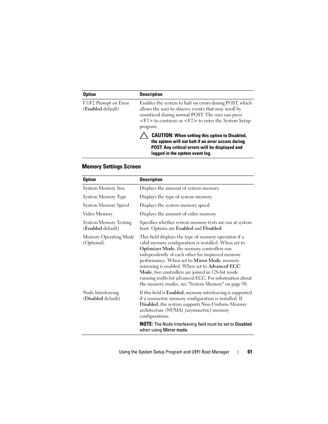 Dell T710 owner manual Memory Settings Screen 