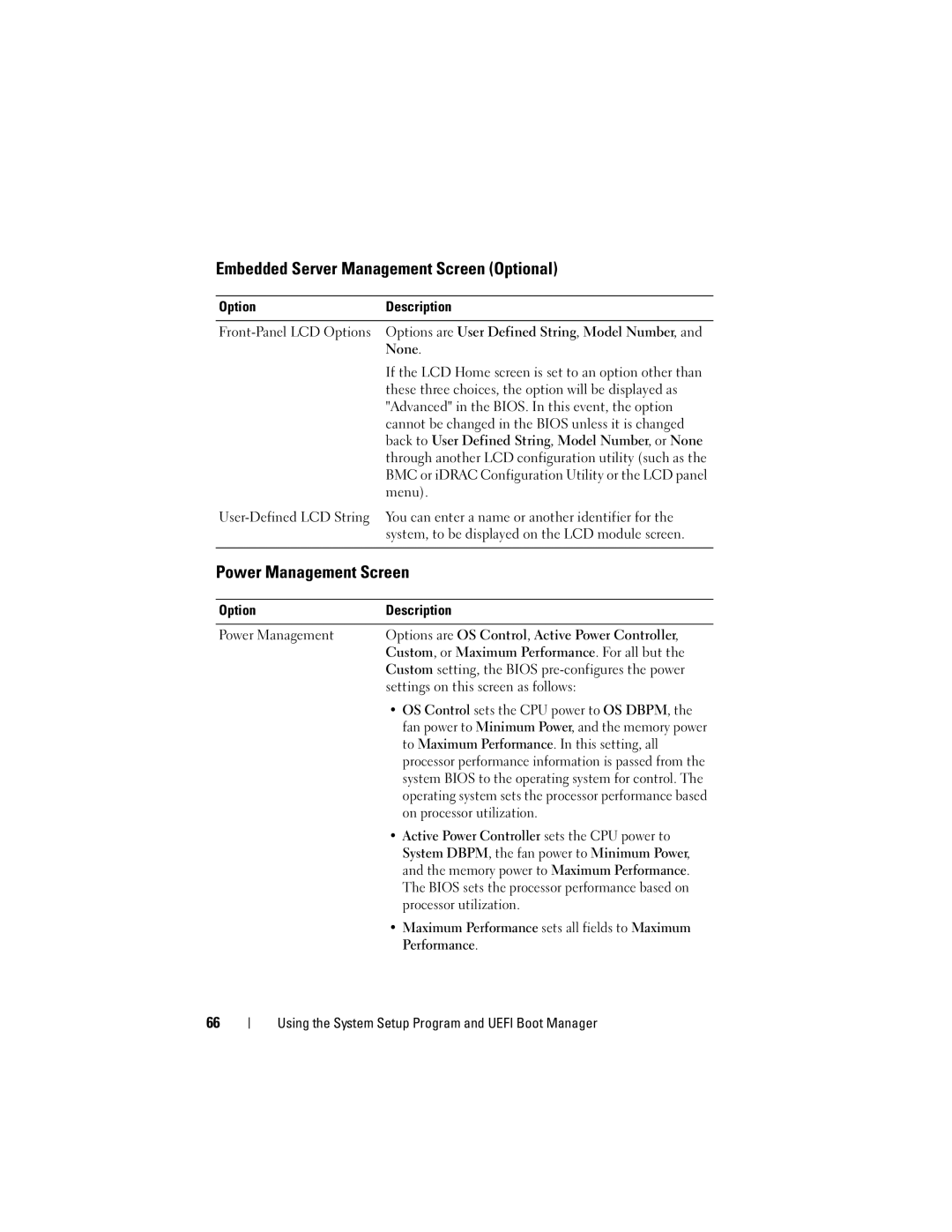 Dell T710 owner manual Embedded Server Management Screen Optional, Power Management Screen 