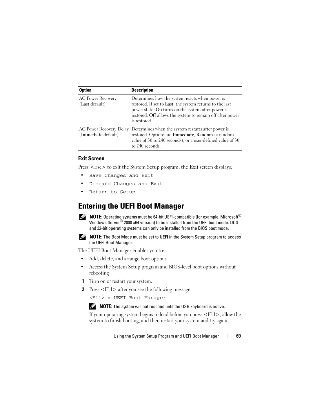 Dell T710 owner manual Entering the Uefi Boot Manager, Exit Screen, Is restored 