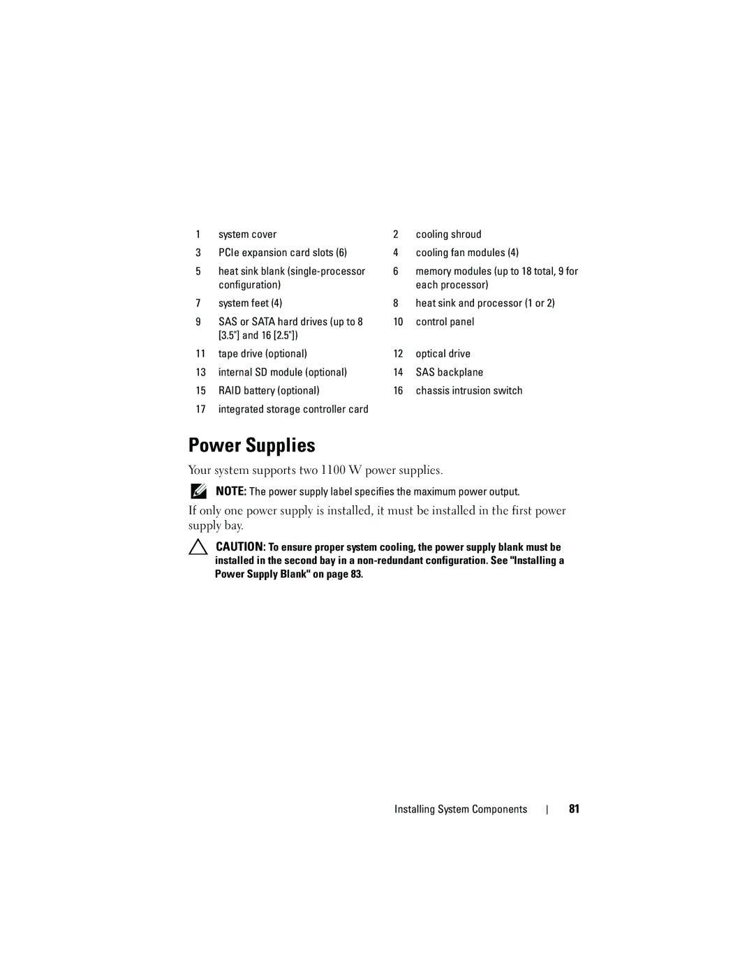 Dell T710 owner manual Power Supplies, System cover PCIe expansion card slots 