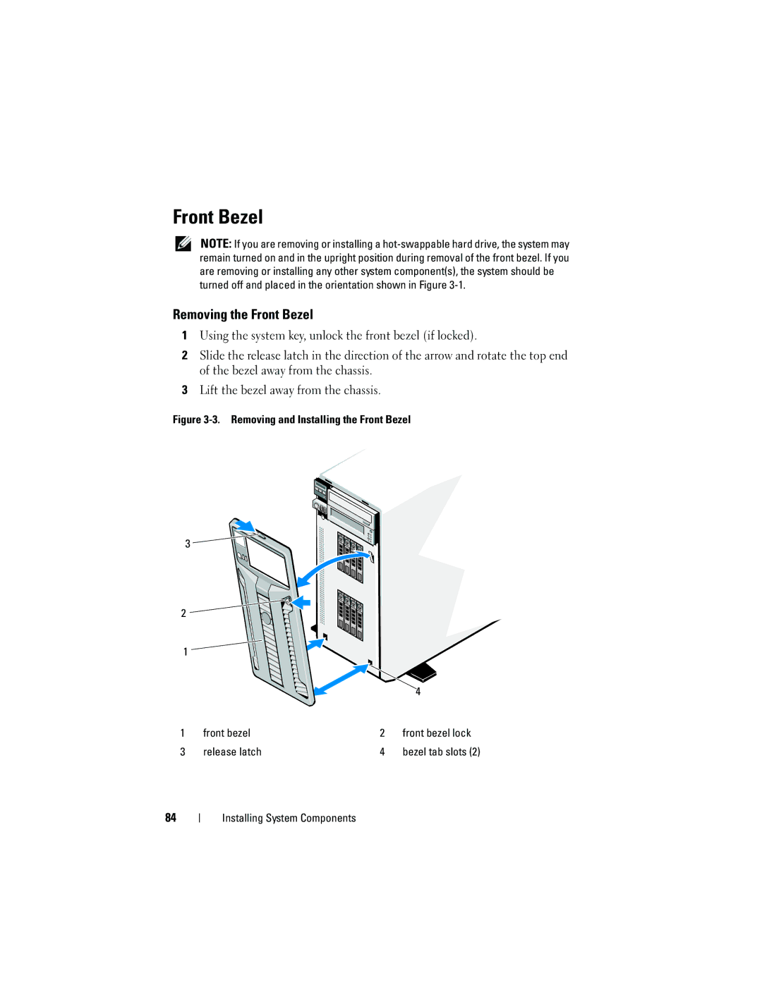 Dell T710 owner manual Removing the Front Bezel 