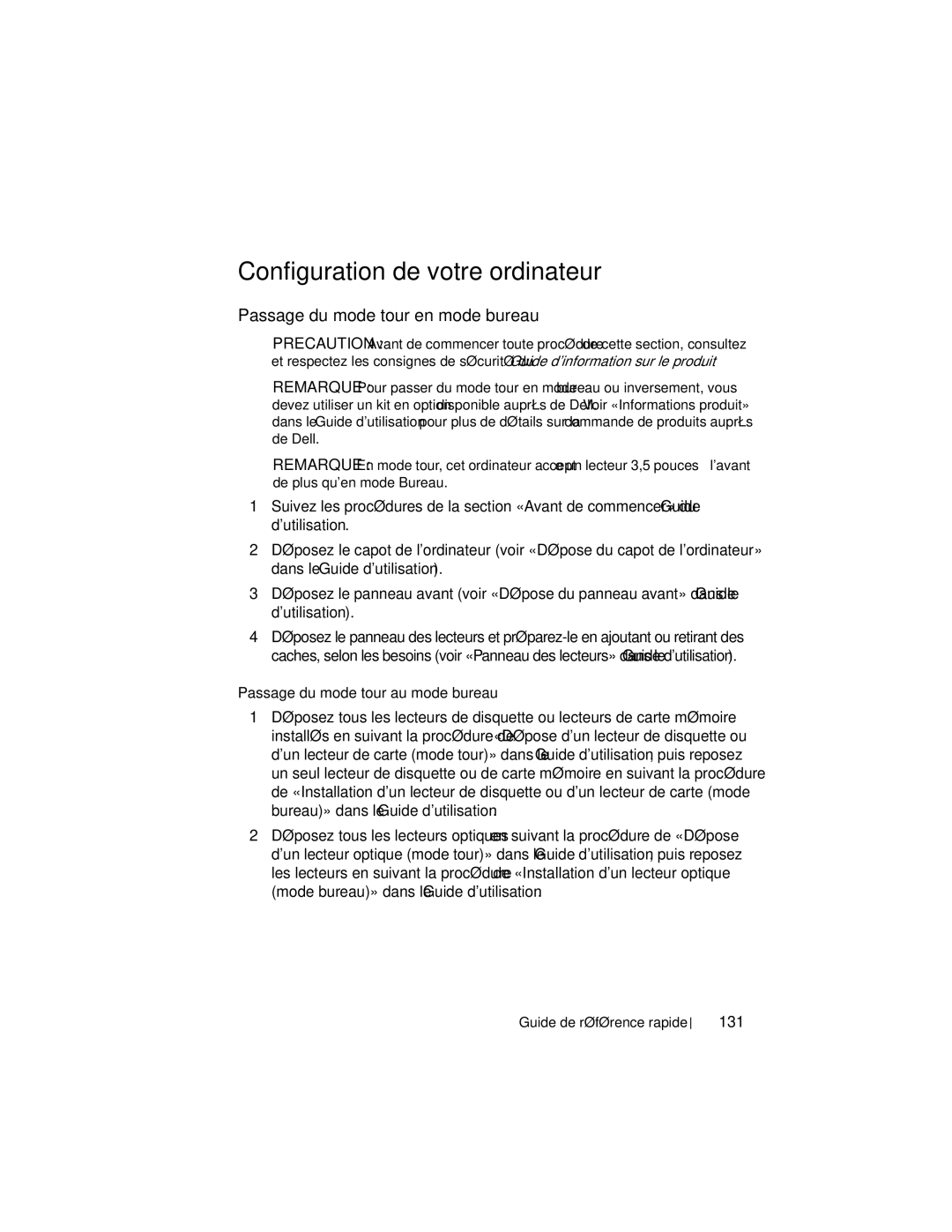 Dell HR707 Configuration de votre ordinateur, Passage du mode tour en mode bureau, Passage du mode tour au mode bureau 