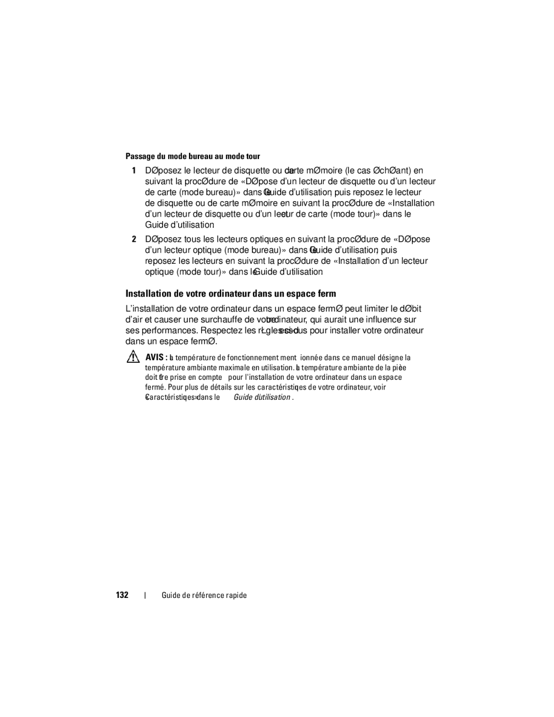 Dell T7400, HR707 manual Installation de votre ordinateur dans un espace fermé, Passage du mode bureau au mode tour, 132 