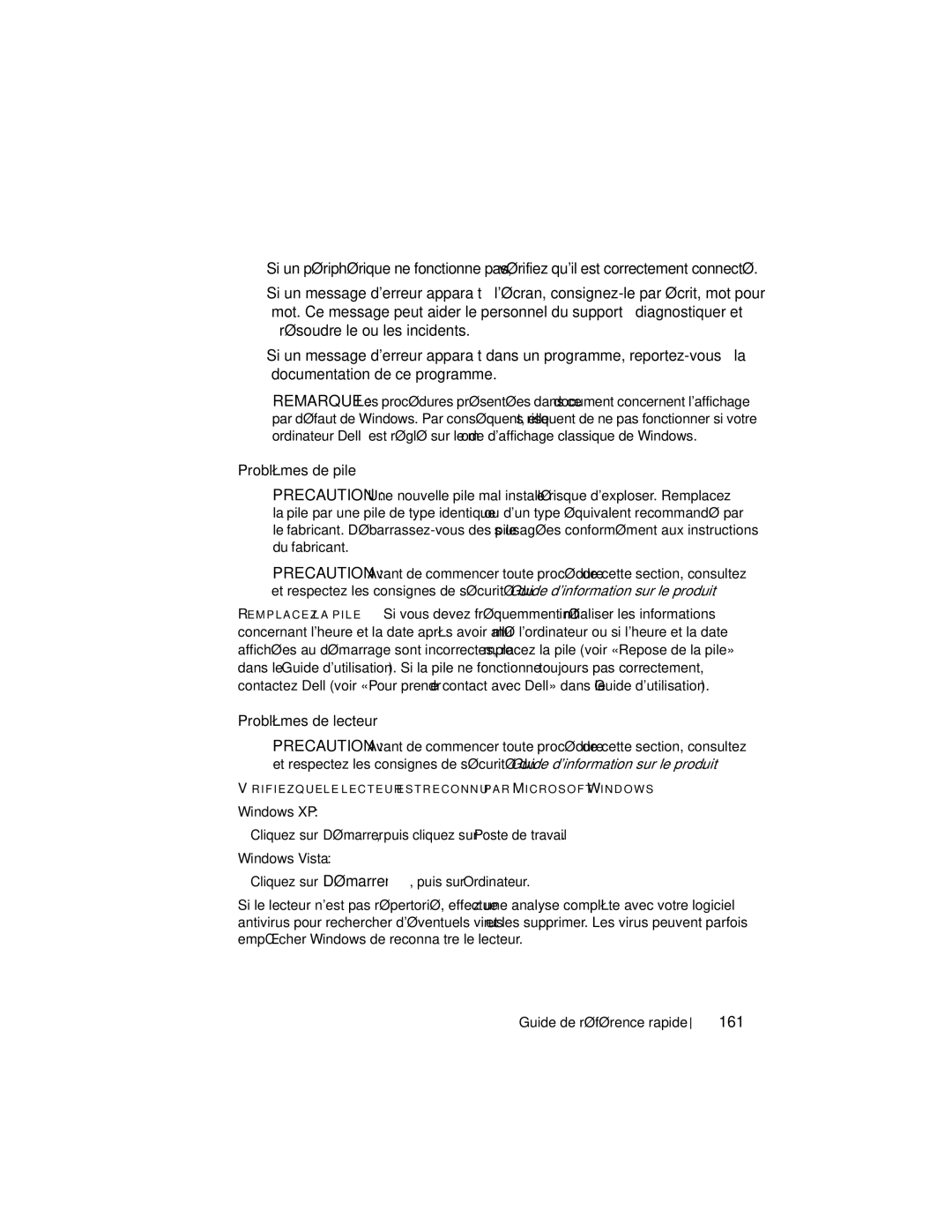 Dell HR707, T7400 Problèmes de pile, Problèmes de lecteur, 161, Cliquez sur Démarrer, puis cliquez sur Poste de travail 