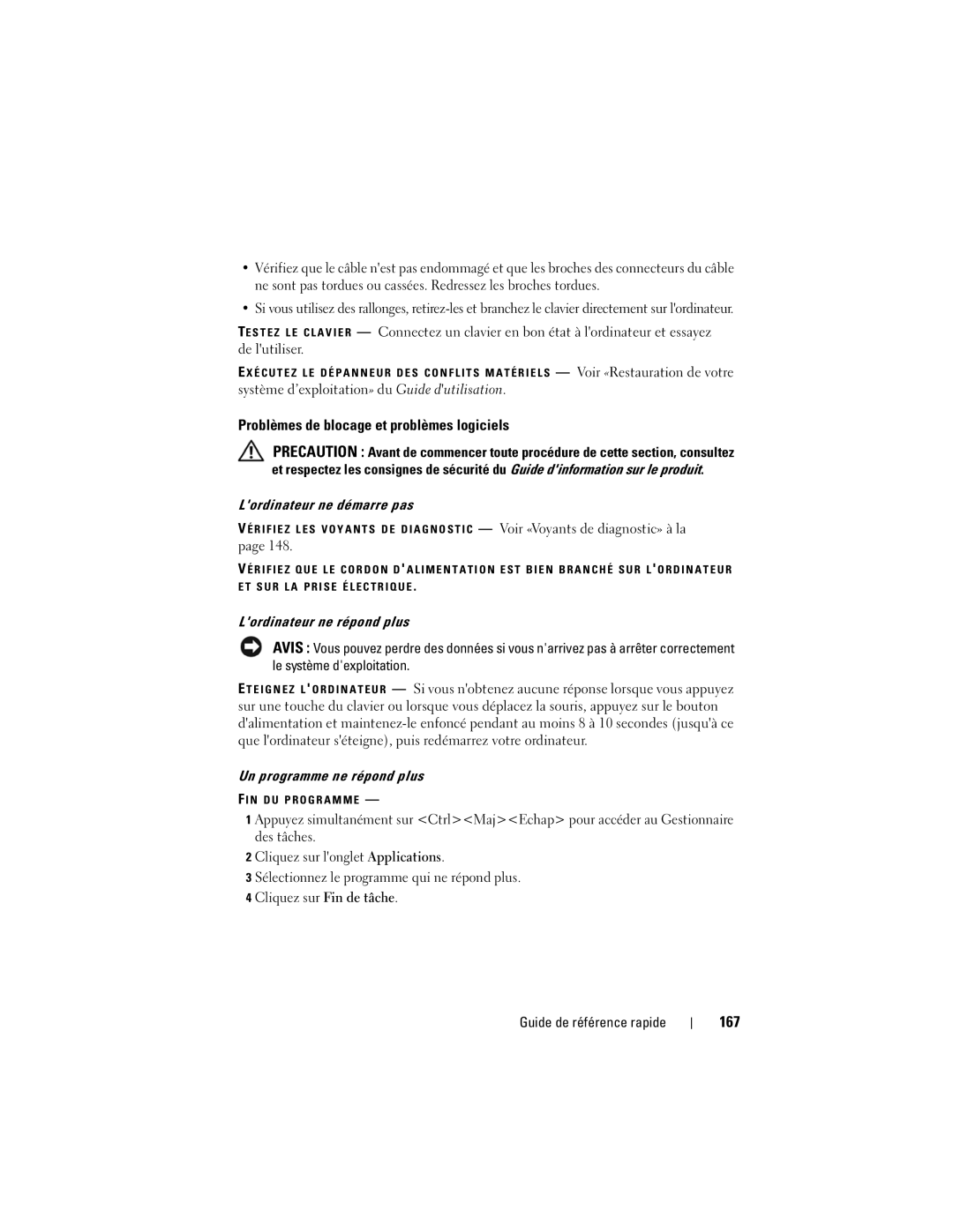 Dell HR707, T7400 Problèmes de blocage et problèmes logiciels, 167, Lordinateur ne démarre pas, Lordinateur ne répond plus 