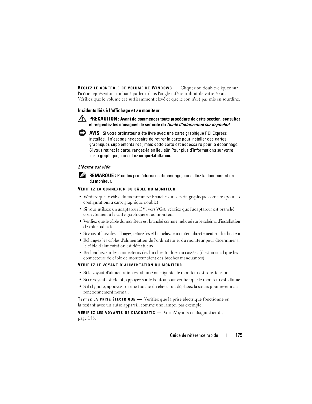 Dell HR707, T7400 manual Incidents liés à laffichage et au moniteur, 175, Lécran est vide 