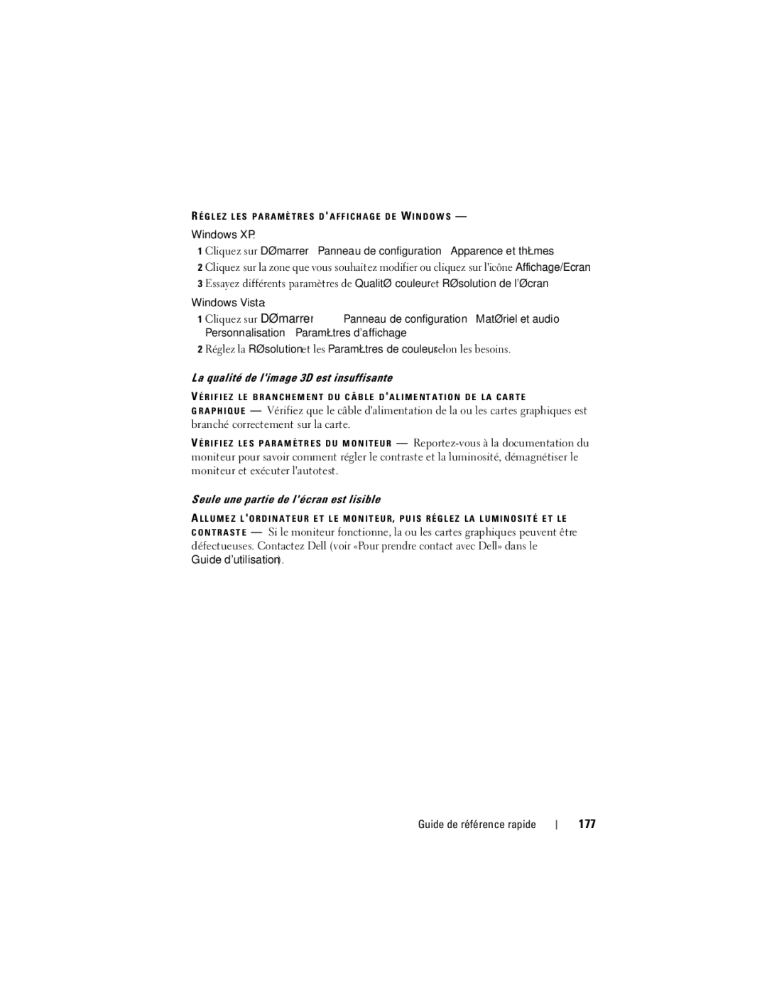 Dell HR707, T7400 manual 177, La qualité de limage 3D est insuffisante, Seule une partie de lécran est lisible 