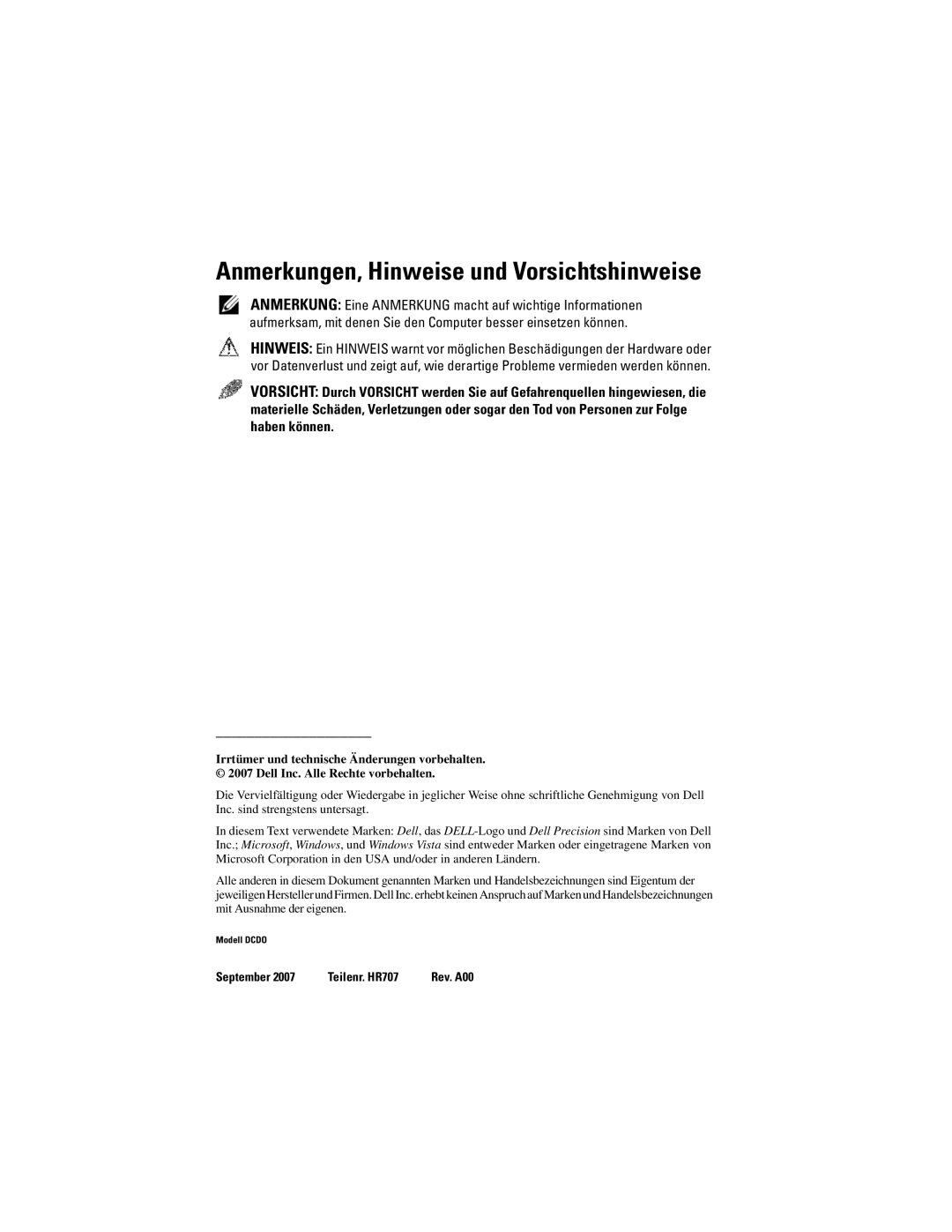 Dell T7400, HR707 manual Anmerkungen, Hinweise und Vorsichtshinweise 