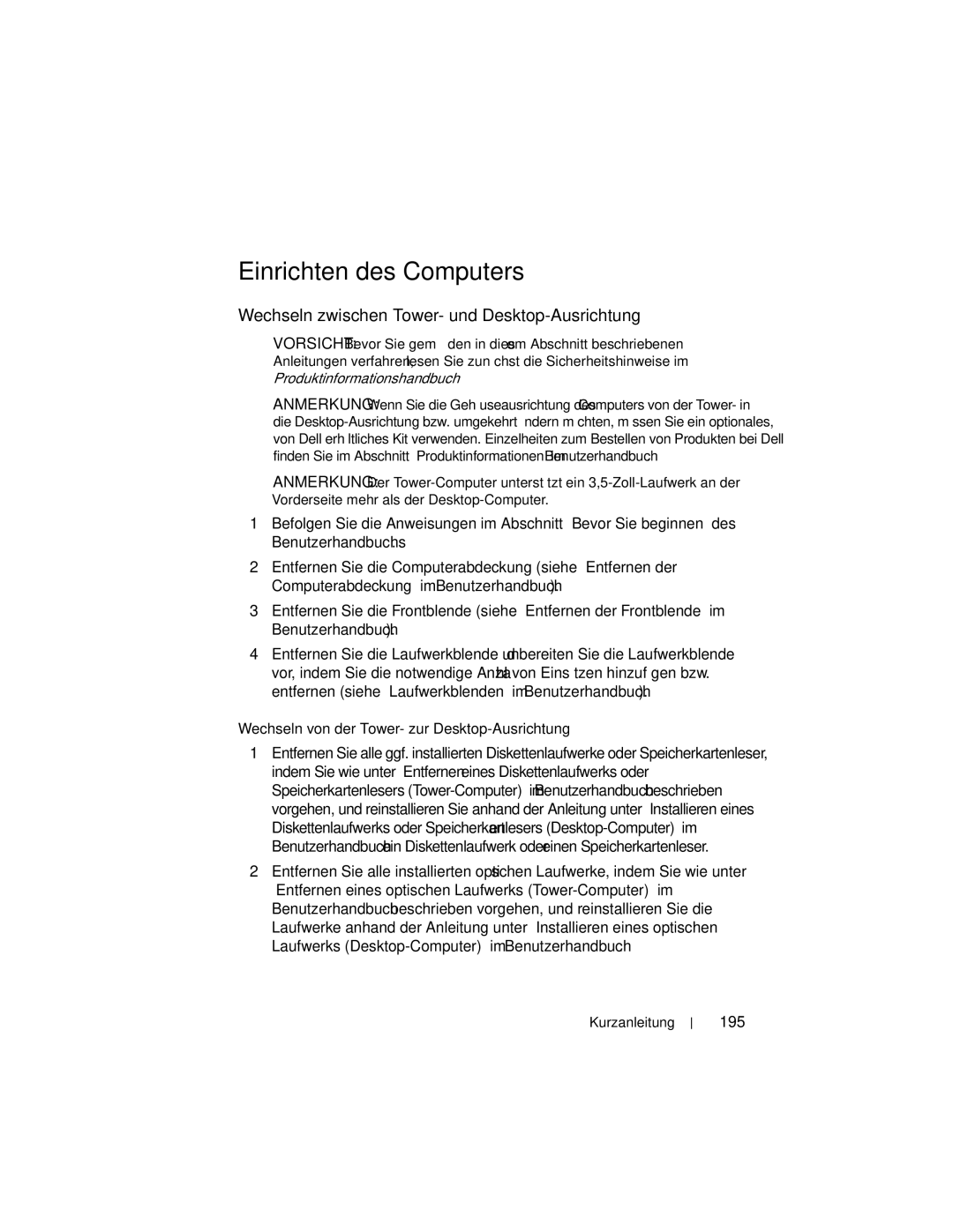 Dell HR707 Einrichten des Computers, Wechseln zwischen Tower- und Desktop-Ausrichtung, 195, Produktinformationshandbuch 