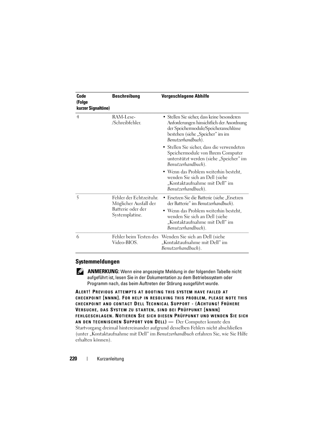 Dell T7400, HR707 manual Systemmeldungen, 220, Der Speichermodule/Speicheranschlüsse, Unterstützt werden siehe „Speicher im 