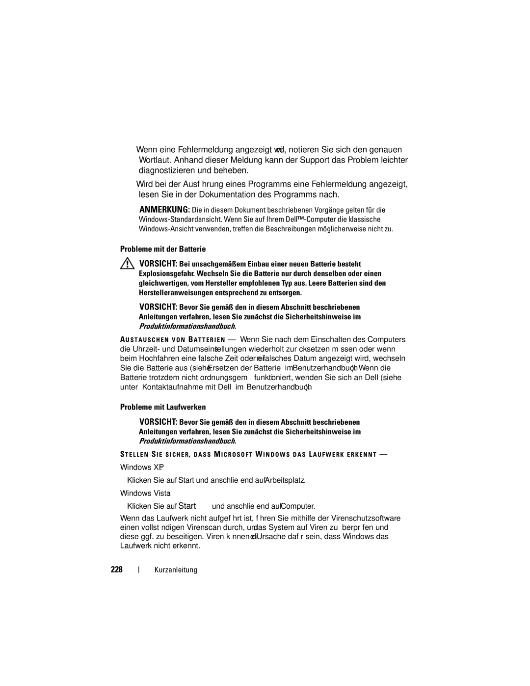 Dell T7400, HR707 manual Probleme mit der Batterie, Probleme mit Laufwerken, 228 