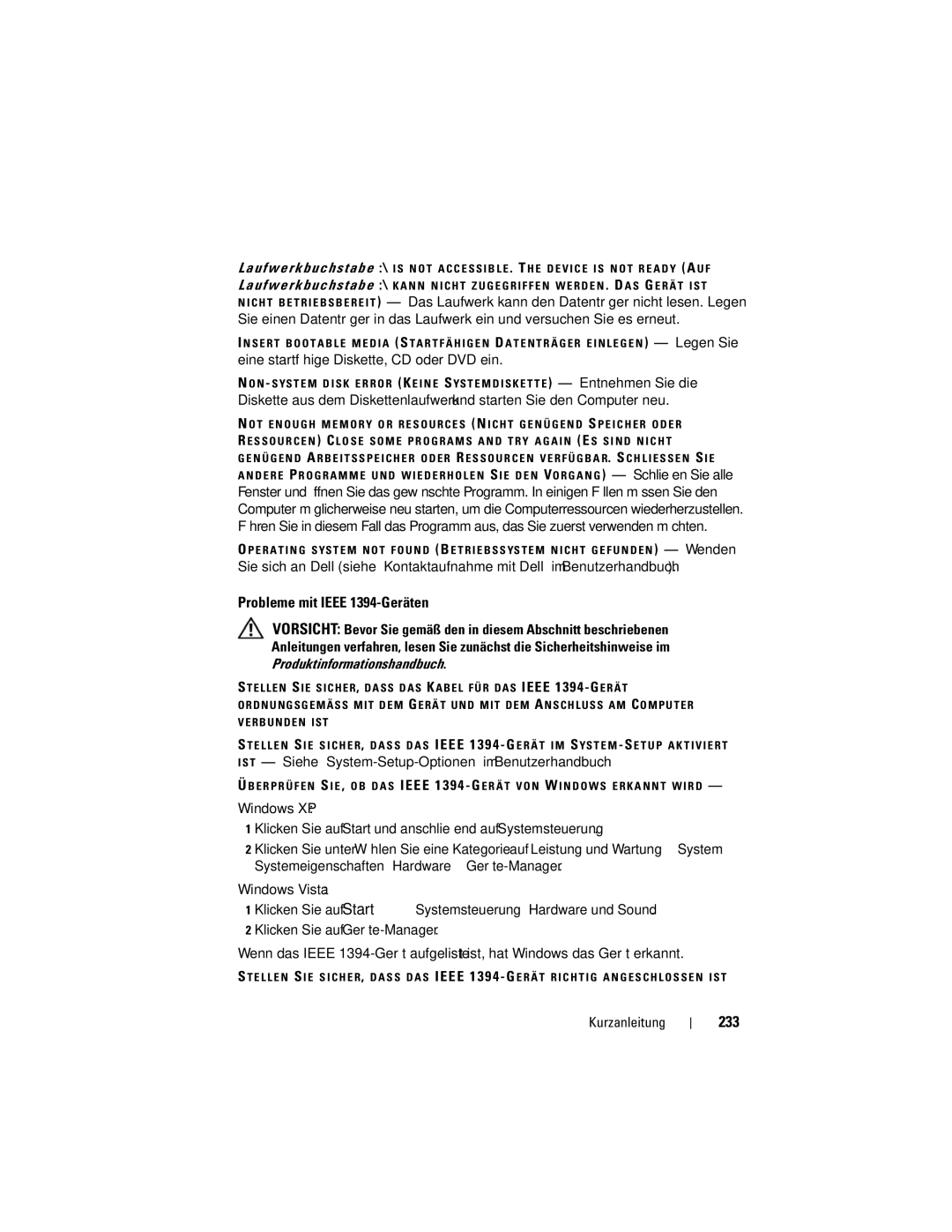 Dell HR707, T7400 manual Probleme mit Ieee 1394-Geräten, 233, Klicken Sie auf Start und anschließend auf Systemsteuerung 