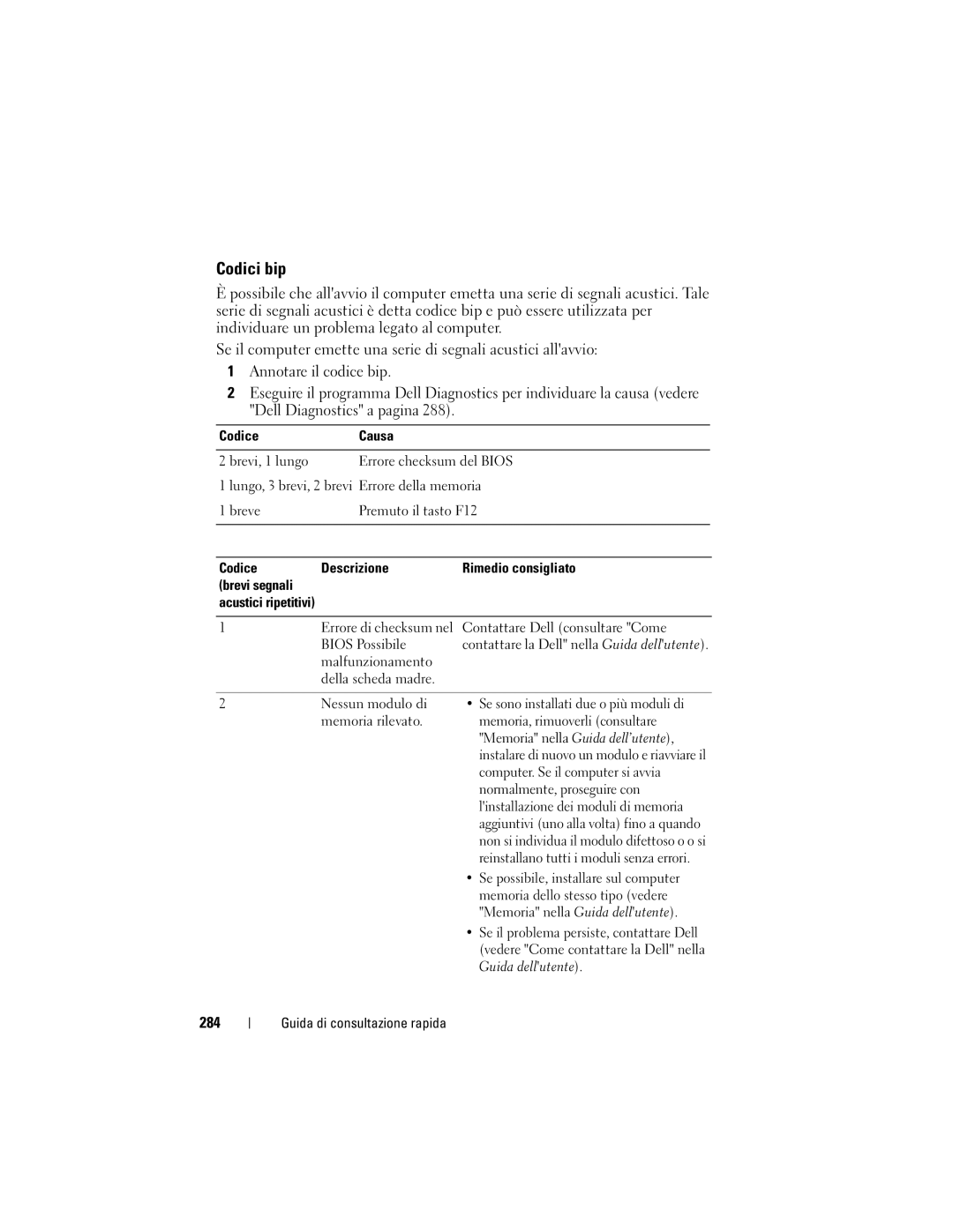 Dell T7400, HR707 manual Codici bip, 284, Codice Causa, Codice Descrizione Rimedio consigliato Brevi segnali 