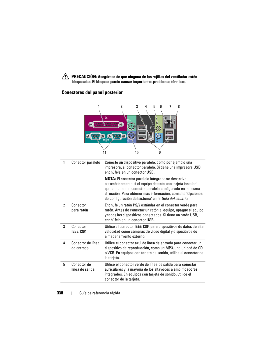 Dell T7400, HR707 manual Conectores del panel posterior, 338 