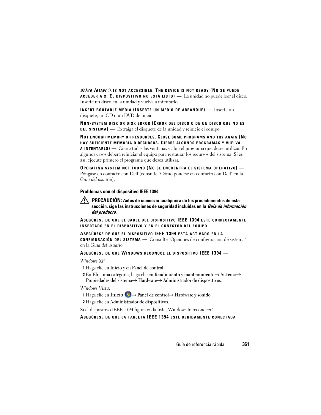 Dell HR707, T7400 manual Problemas con el dispositivo Ieee, 361, Inserte un disco en la unidad y vuelva a intentarlo 