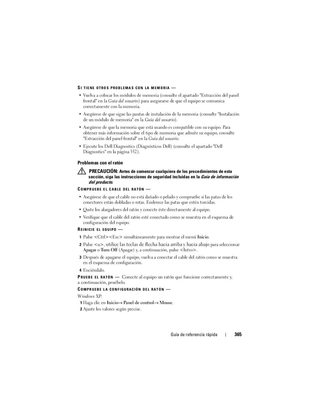 Dell HR707, T7400 manual Problemas con el ratón, 365, Pulse CtrlEsc simultáneamente para mostrar el menú Inicio 