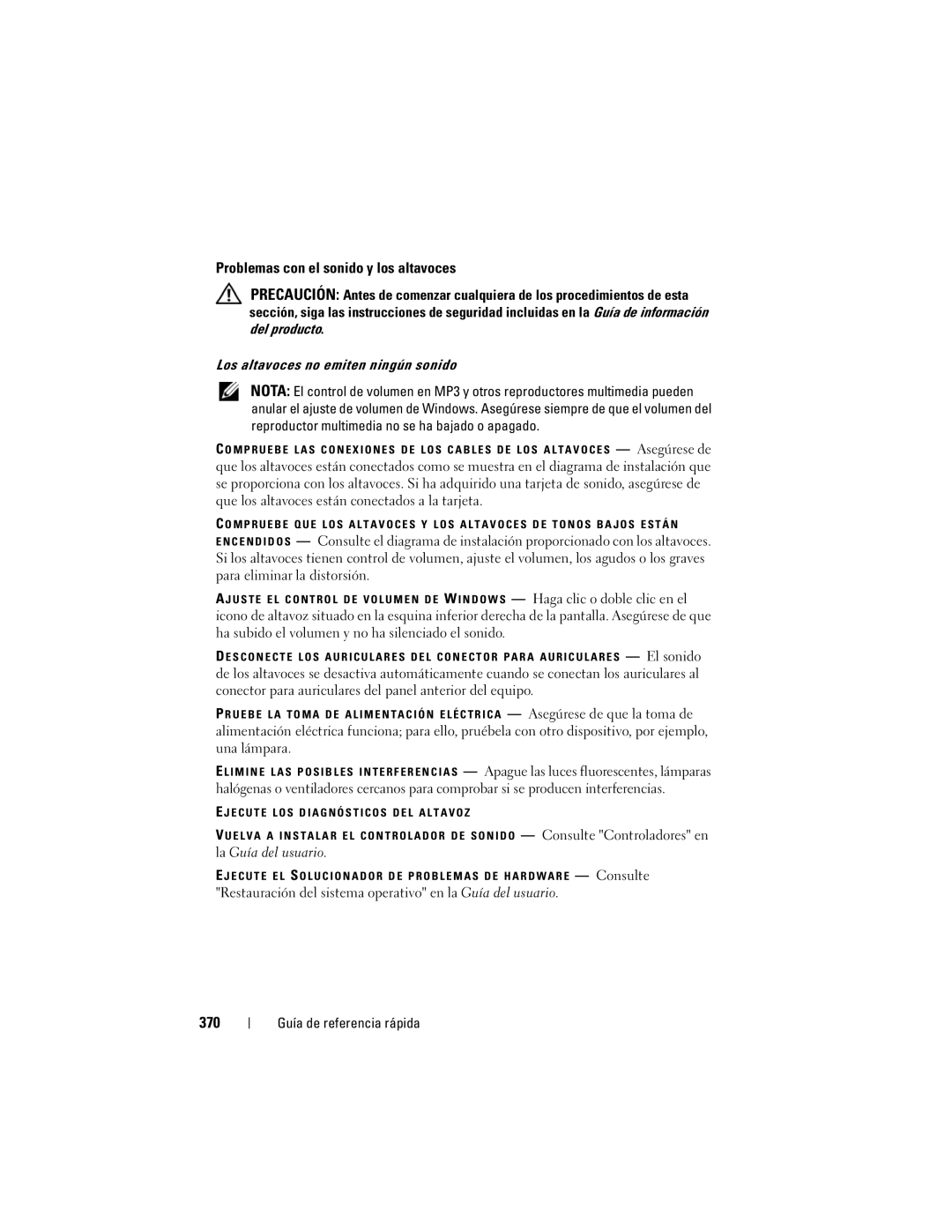 Dell T7400, HR707 manual Problemas con el sonido y los altavoces, 370, Los altavoces no emiten ningún sonido 