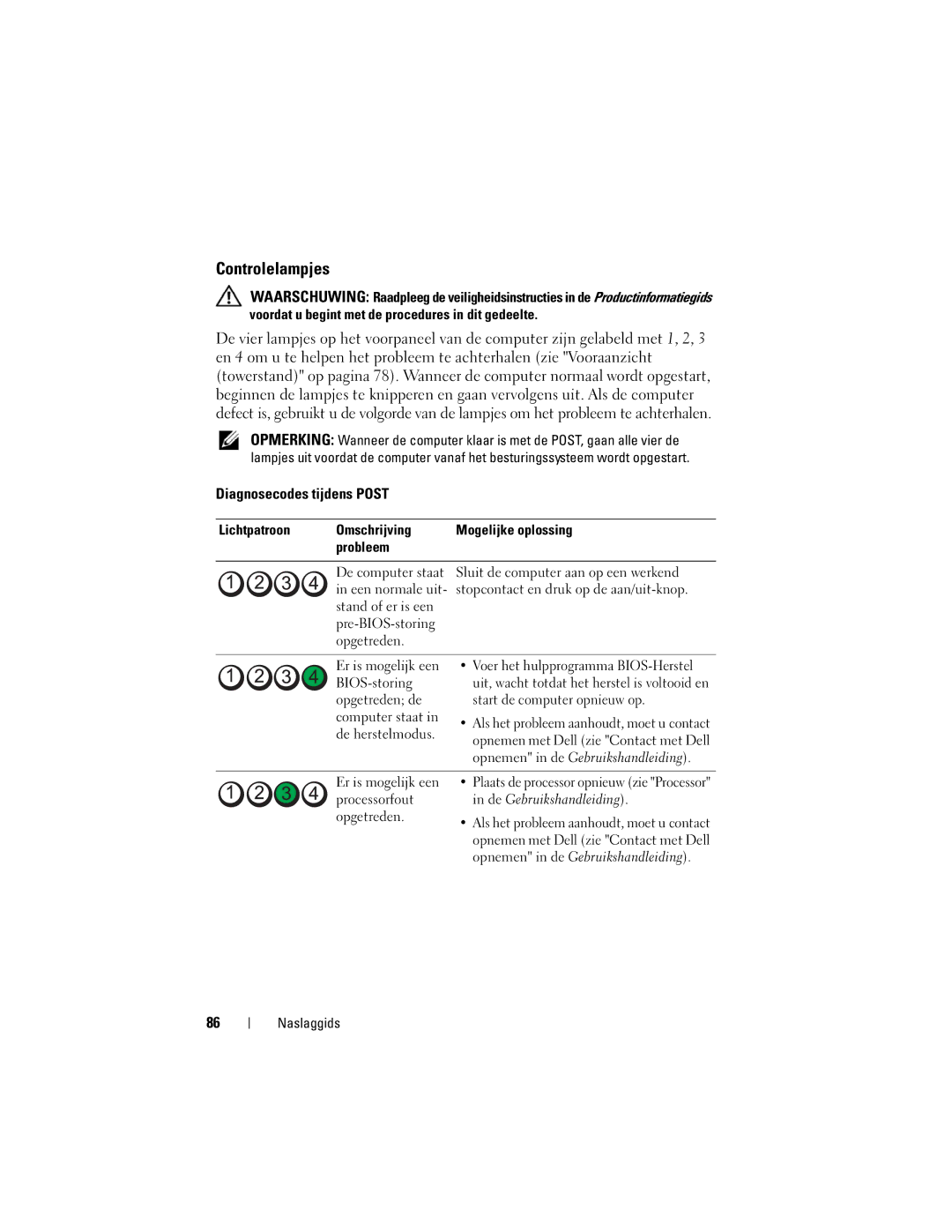 Dell T7400, HR707 manual Controlelampjes, Diagnosecodes tijdens Post, Lichtpatroon Omschrijving Mogelijke oplossing Probleem 