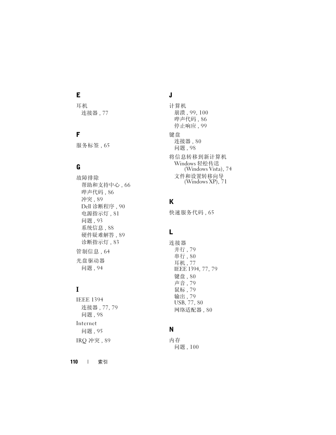 Dell T7400 计算机 崩溃 , 99, 100 哔声代码 , 86 停止响应, 将信息转移到新计算机, 文件和设置转移向导 Windows XP 快速服务代码 连接器 并行 , 79 串行 , 80 耳机, 网络适配器, 110 