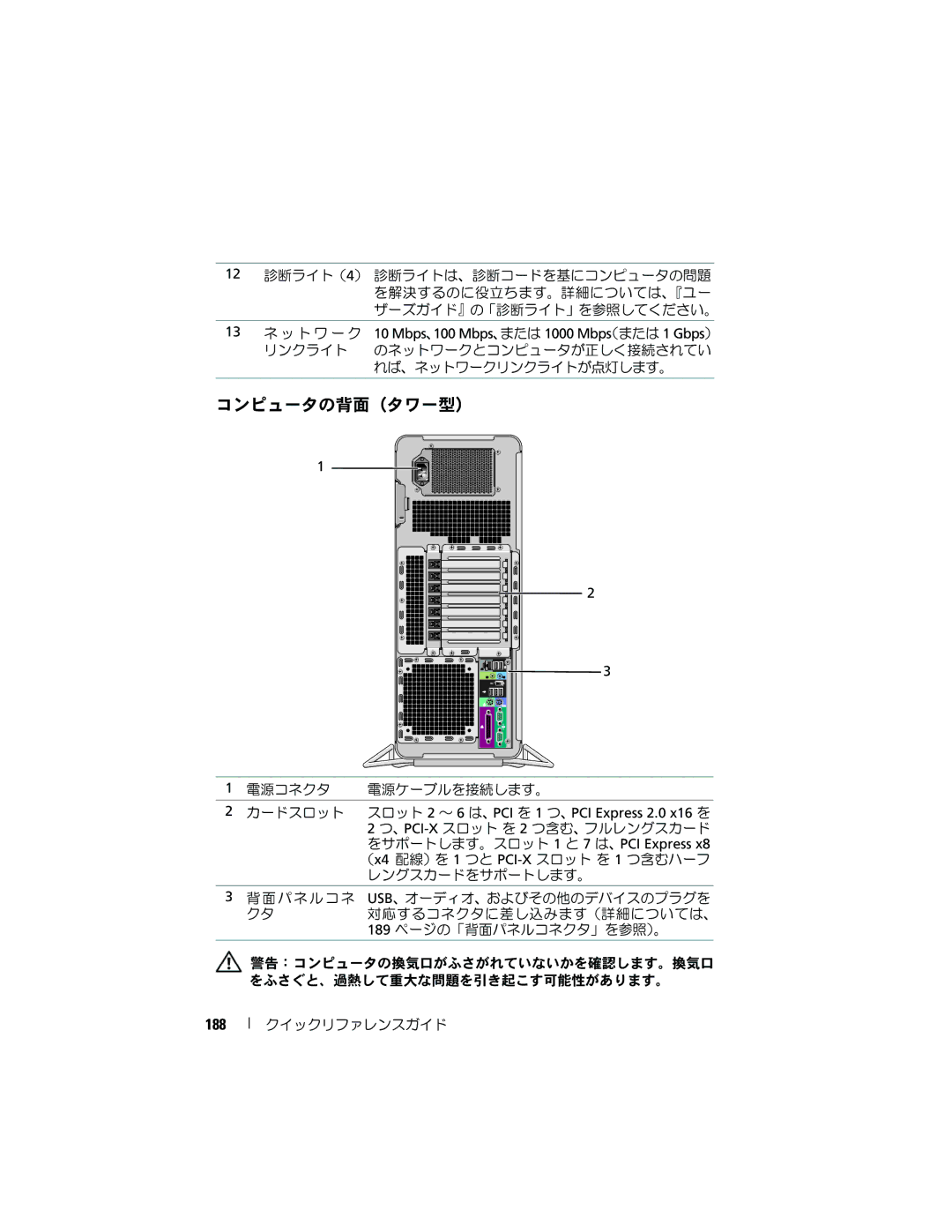 Dell T7400 manual れば、ネットワークリンクライトが点灯します。, 188 