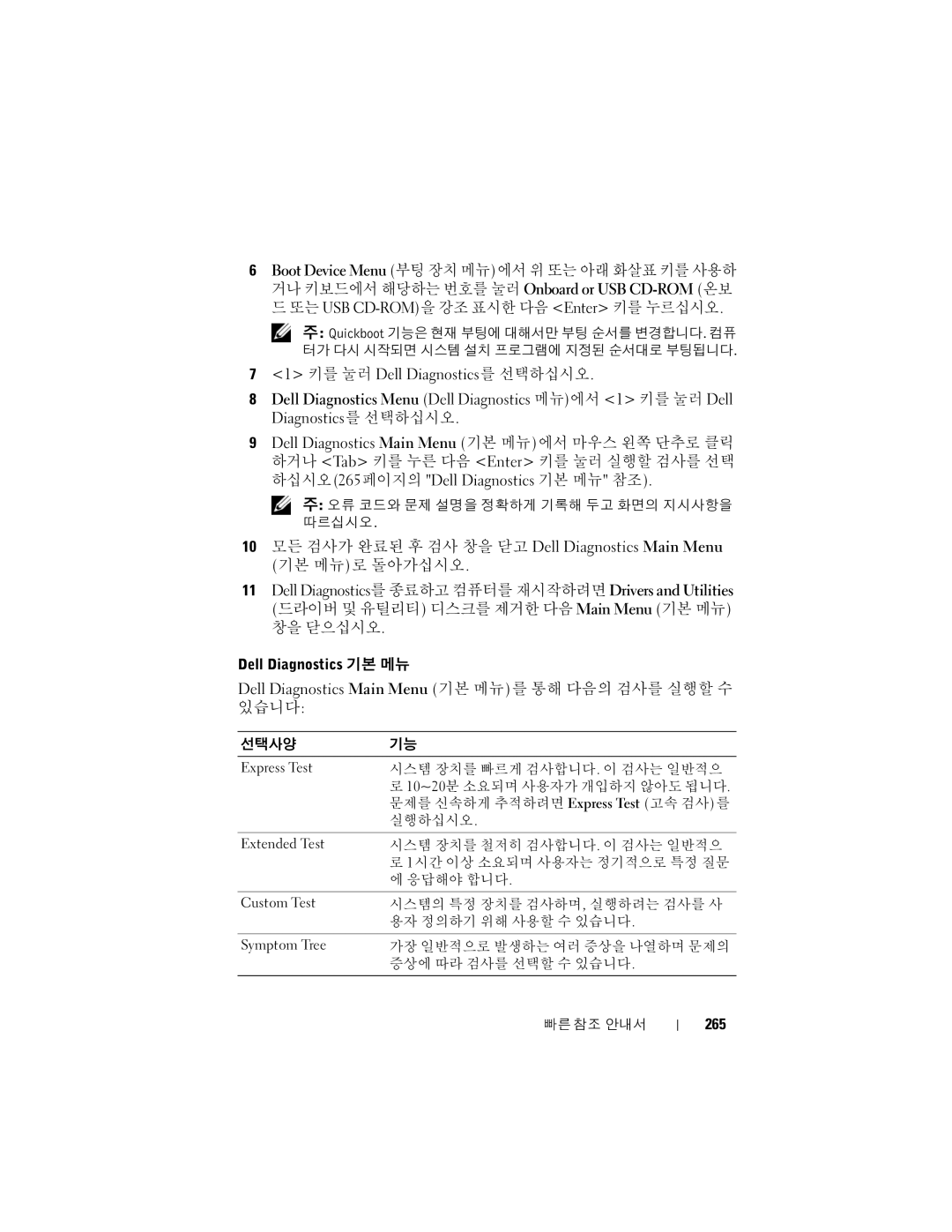 Dell T7400 manual Dell Diagnostics Main Menu 기본 메뉴를 통해 다음의 검사를 실행할 수 있습니다, 265 