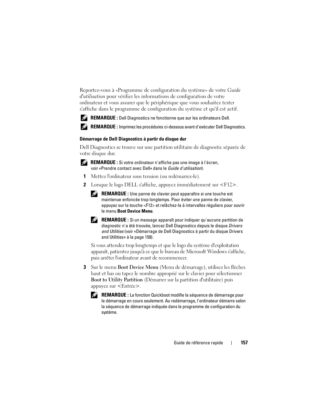 Dell T7400 manual Démarrage de Dell Diagnostics à partir du disque dur, 157 