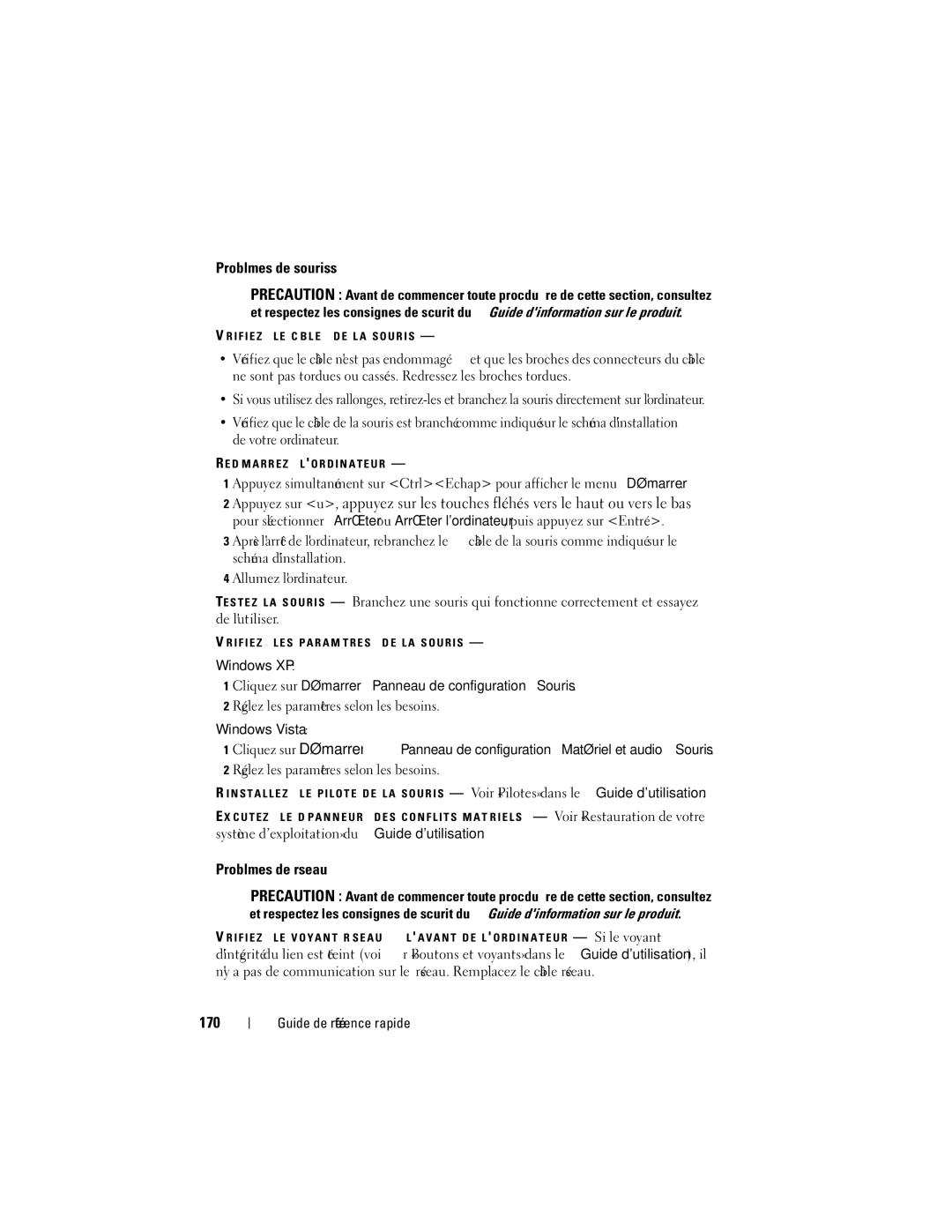 Dell T7400 manual Problèmes de souriss, Problèmes de réseau, 170, Cliquez sur Démarrer→ Panneau de configuration→ Souris 