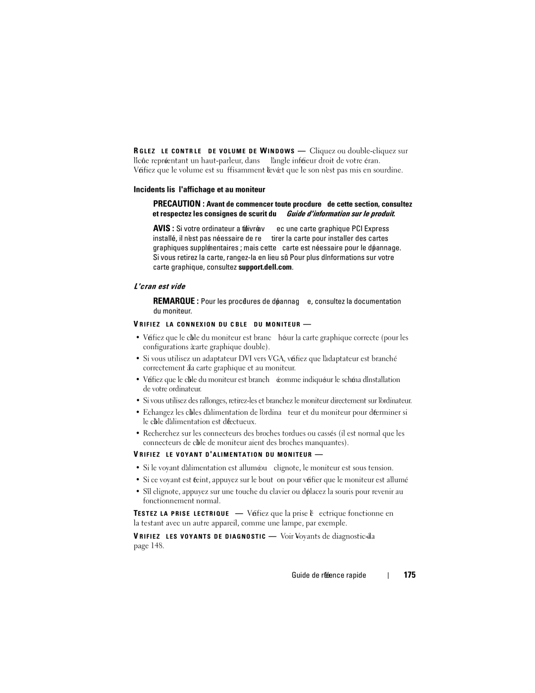 Dell T7400 manual Incidents liés à laffichage et au moniteur, 175, Lécran est vide 