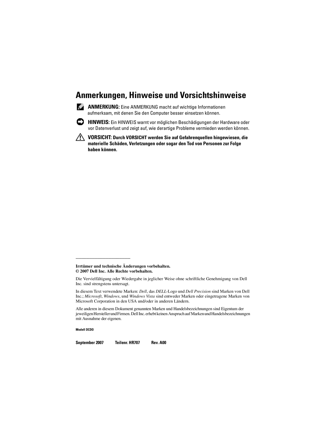 Dell T7400 manual Anmerkungen, Hinweise und Vorsichtshinweise 