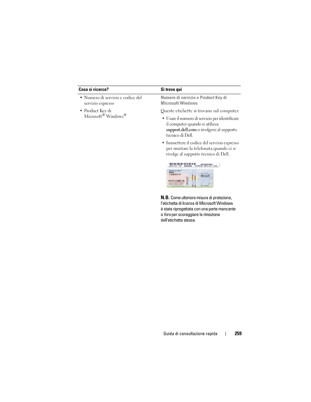 Dell T7400 manual 259, Numero di servizio e Product Key di 