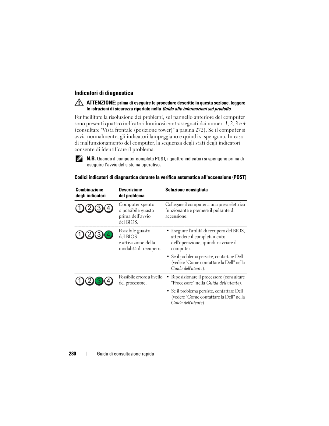 Dell T7400 manual Indicatori di diagnostica, 280 