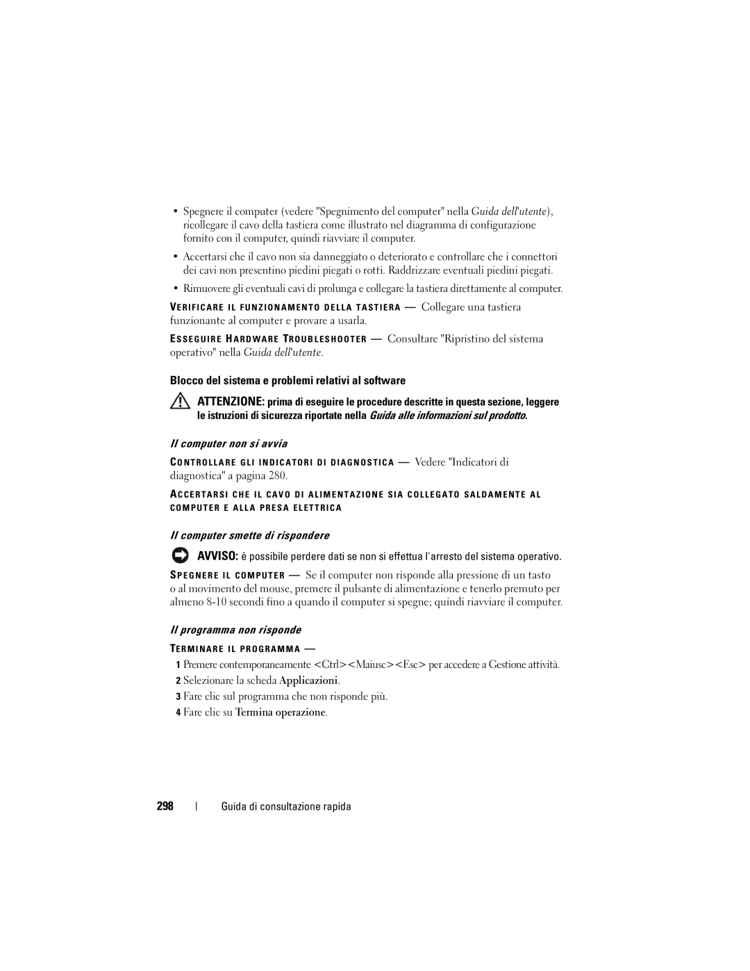 Dell T7400 Blocco del sistema e problemi relativi al software, 298, Il computer non si avvia, Il programma non risponde 