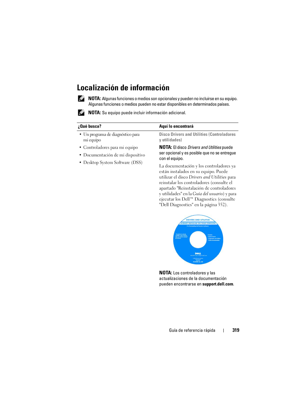 Dell T7400 manual Localización de información, 319, ¿Qué busca?, Disco Drivers and Utilities Controladores y utilidades 
