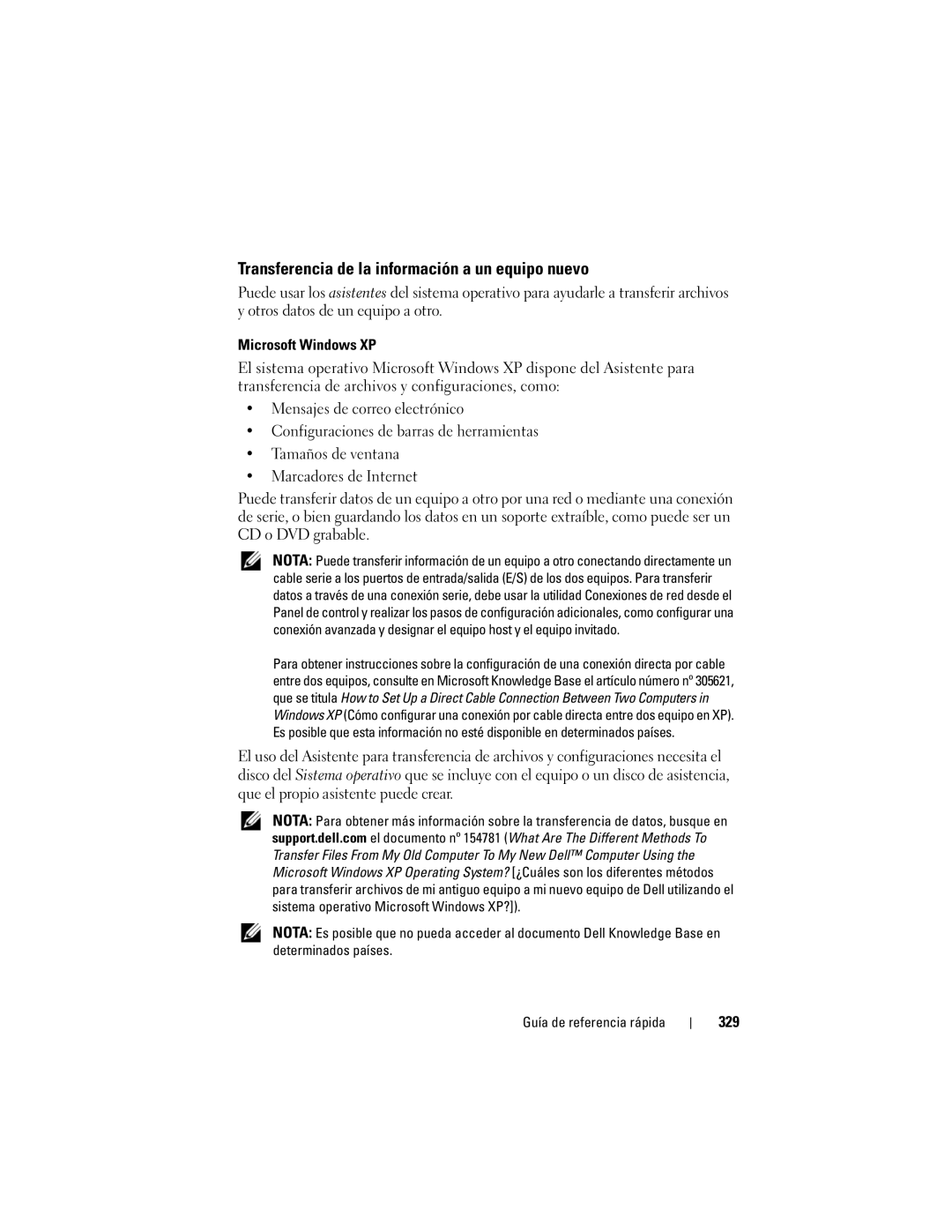 Dell T7400 manual Transferencia de la información a un equipo nuevo, 329 