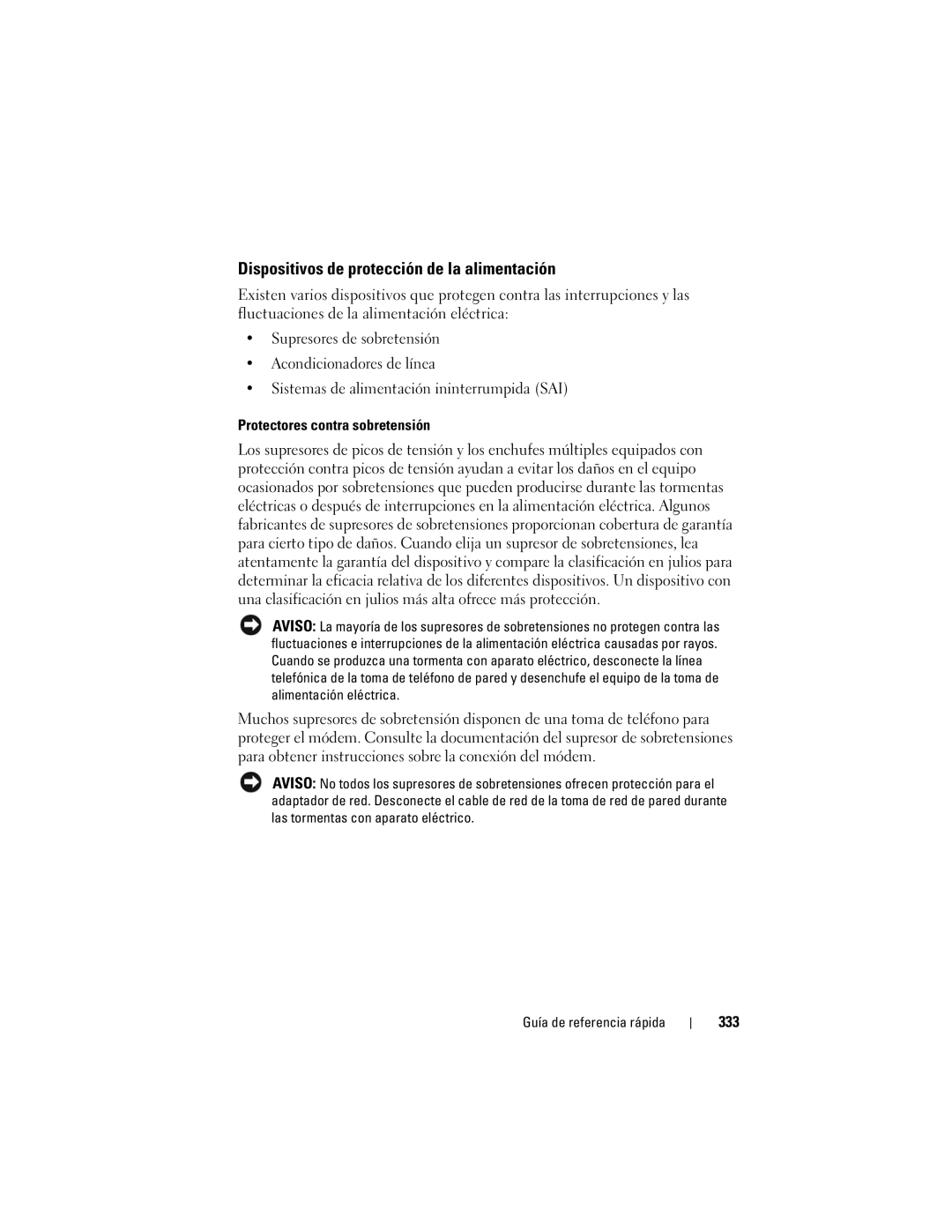 Dell T7400 manual Dispositivos de protección de la alimentación, Protectores contra sobretensión, 333 