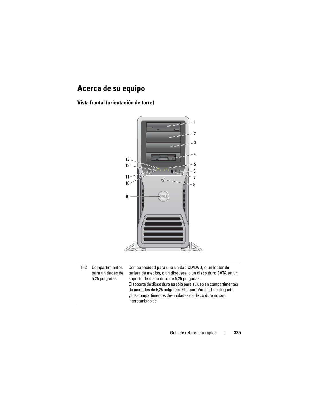 Dell T7400 manual Acerca de su equipo, Vista frontal orientación de torre, 335 