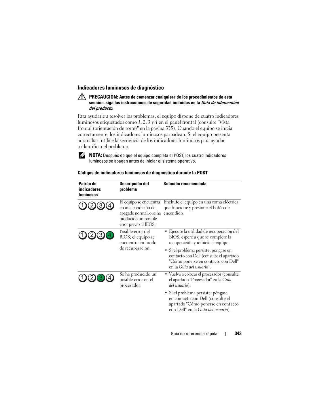 Dell T7400 manual Indicadores luminosos de diagnóstico, 343 