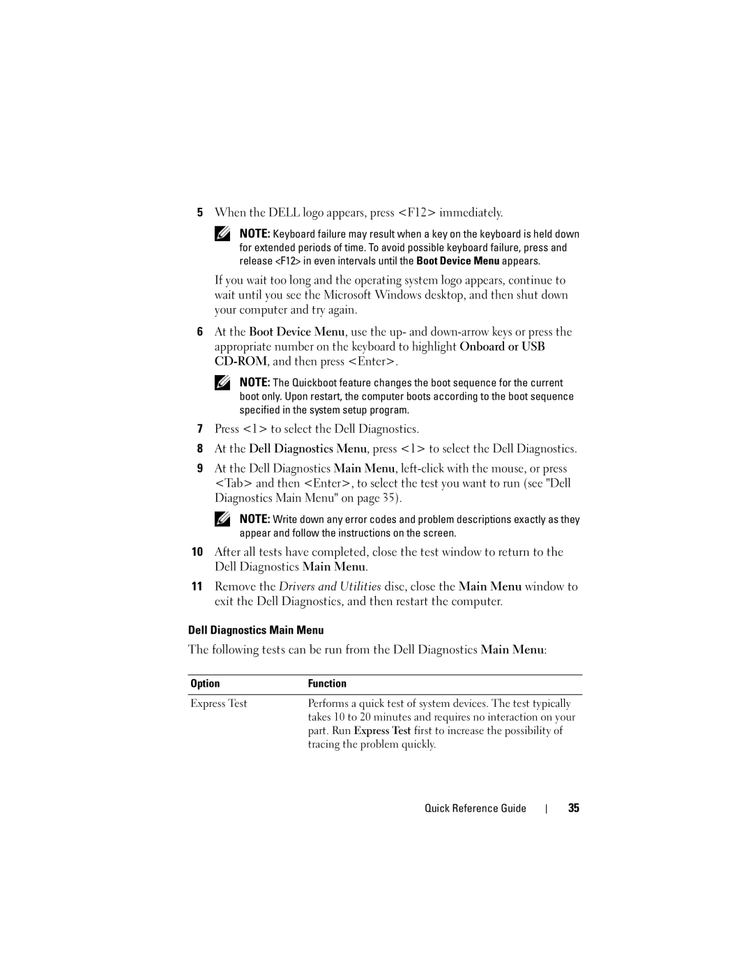 Dell T7400 manual Dell Diagnostics Main Menu, Option Function 